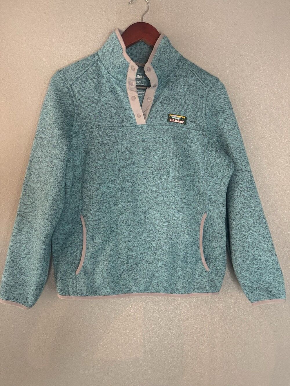 LL Bean Sweater Fleece Snap Mock Neck Pullover SP Aqua Blue Teal